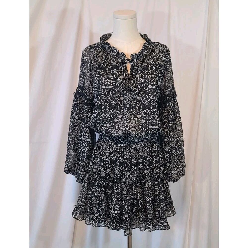 Misa Women's Designer Black White Floral Ruffled Mini Dress Medium New - Picture 1 of 10